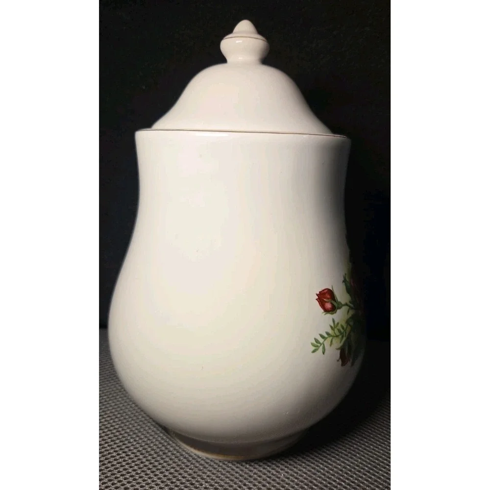 Vntg Ceramic Lidded Canister White With Rose Design 10 In Tall